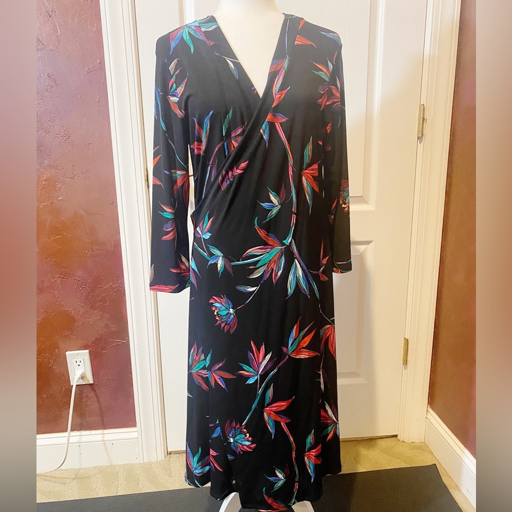 Clara Sun Woo Faux Wrap Dress Ling Sleeve Black with Birds of Paradise